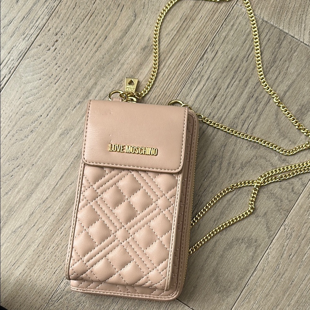 Love Moschino Tan and Gold Phone Crossbody Bag with Quilted Design